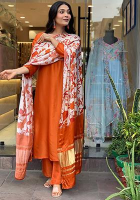 Rust Red Embroidered Cotton Kurta Set