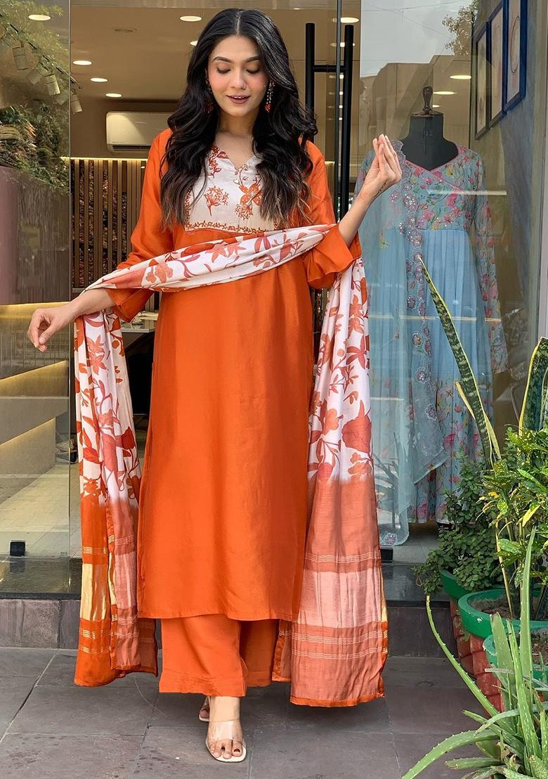 Rust Red Embroidered Cotton Kurta Set