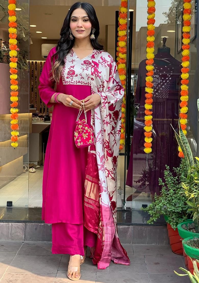 Pink Embroidered Cotton Kurta Set