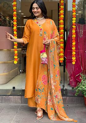 Orange Embroidered Cotton Kurta Set
