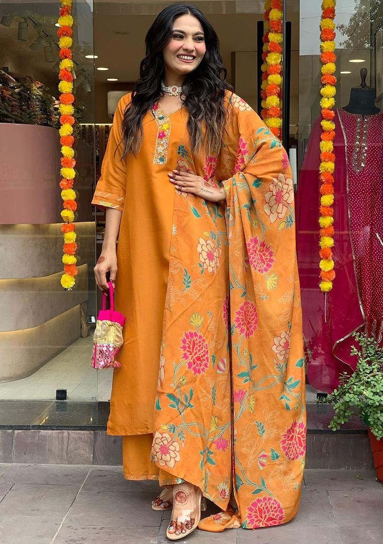 Orange Embroidered Cotton Kurta Set