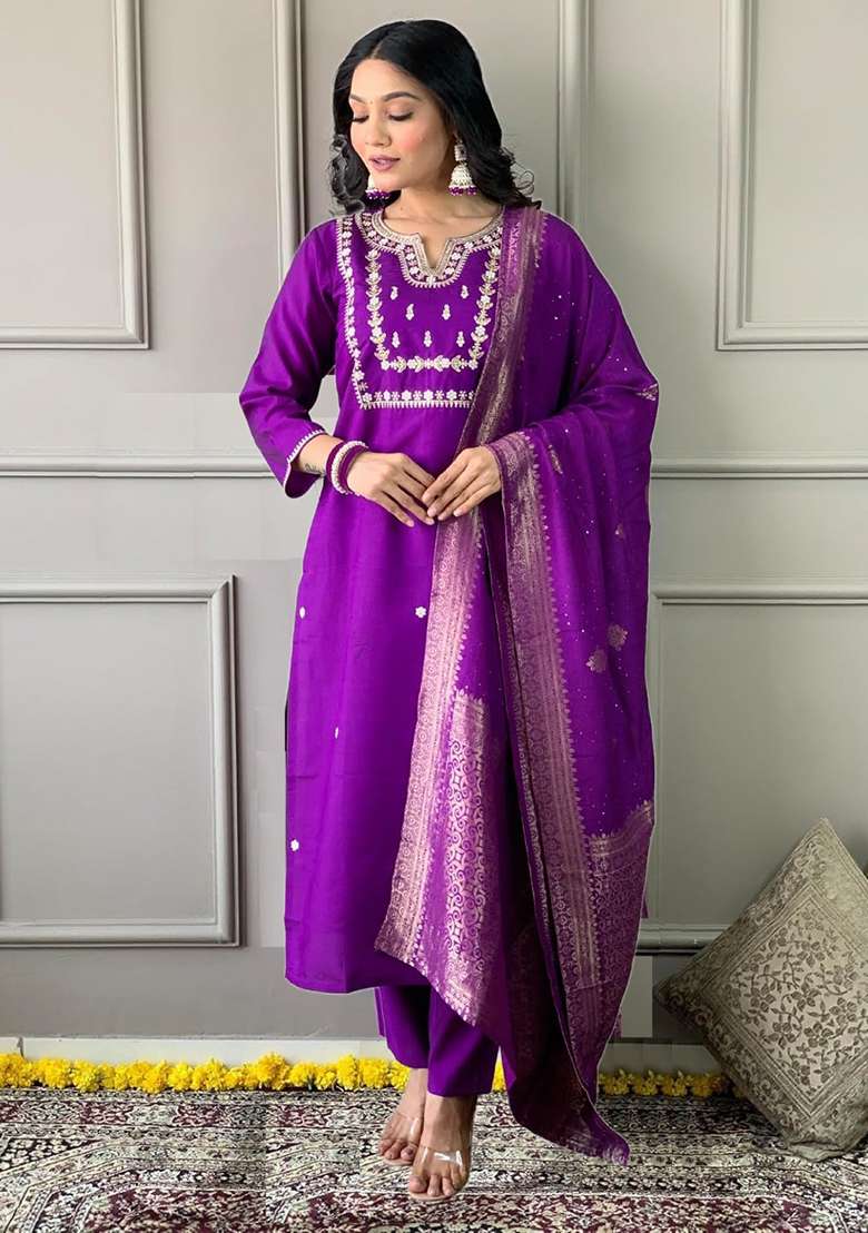 Purple Embroidered Cotton Straight Kurta Set - Indya