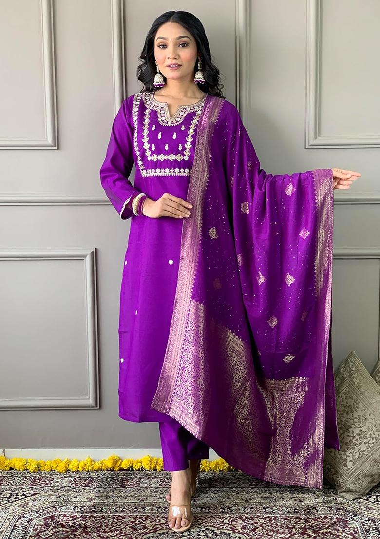 Purple Embroidered Cotton Kurta Set