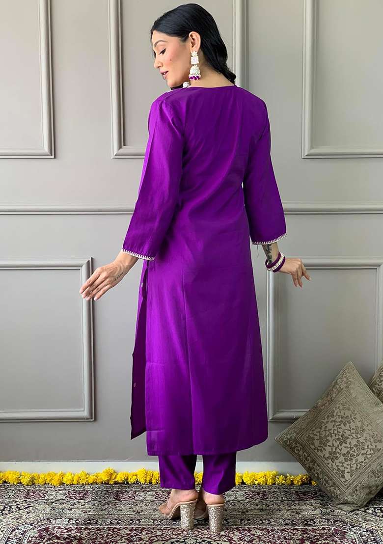 Purple Embroidered Cotton Straight Kurta Set - Indya
