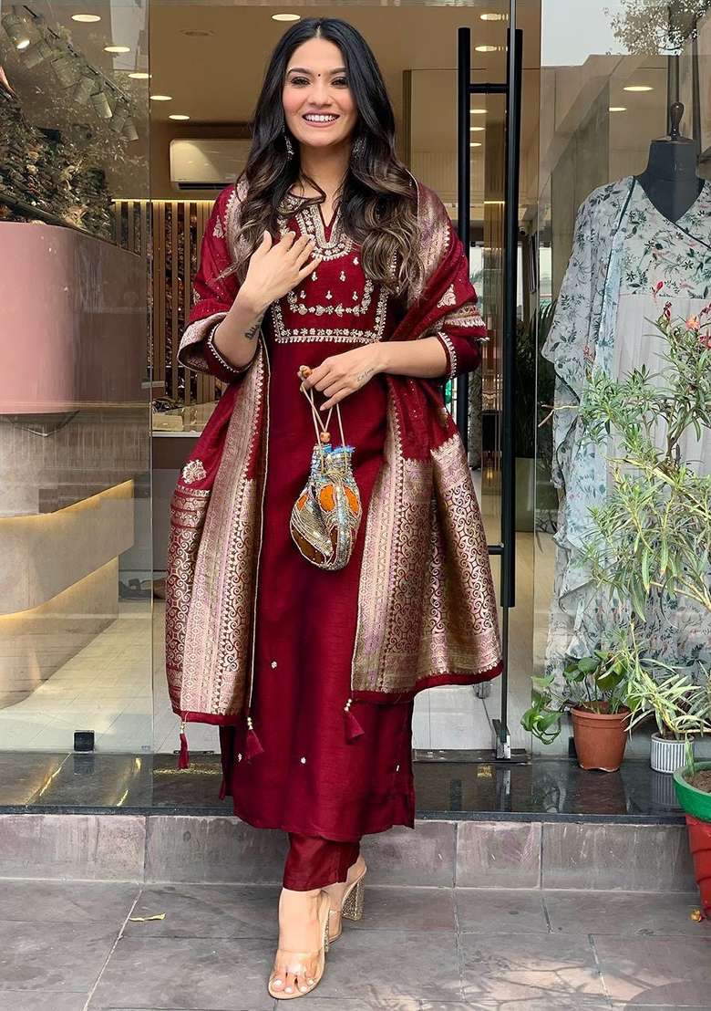 Maroon Embroidered Cotton Straight Kurta Set - Indya
