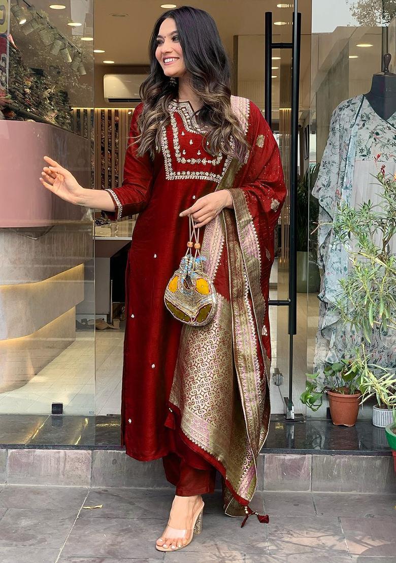 Maroon Embroidered Cotton Kurta Set