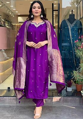 Purple Embroidered Silk Kurta Set