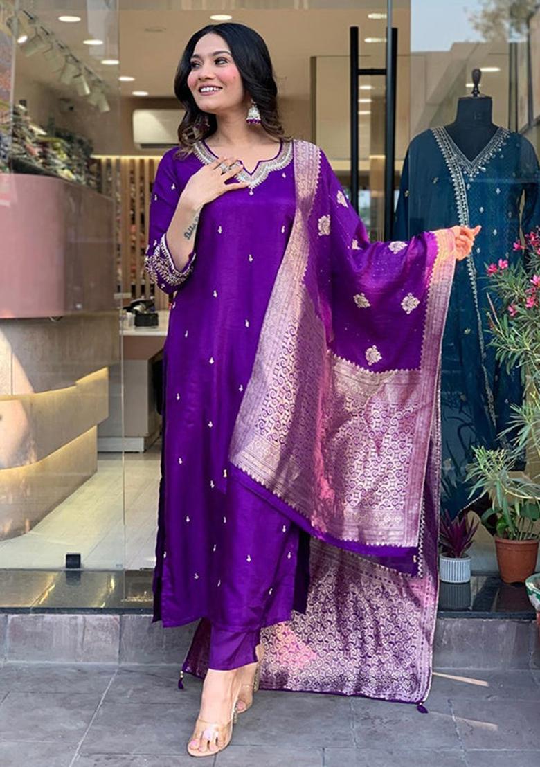 Purple Embroidered Silk Kurta Set