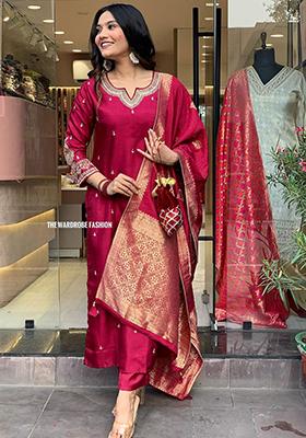 Maroon Embroidered Silk Kurta Set