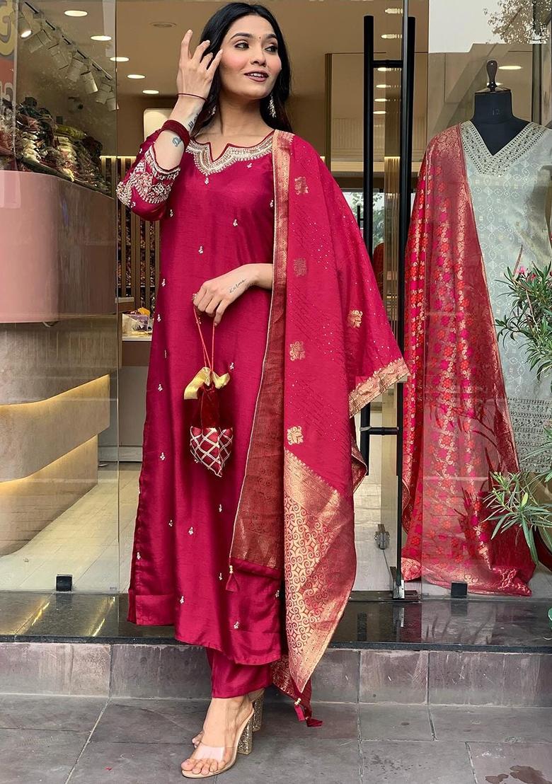 Maroon Embroidered Silk Kurta Set