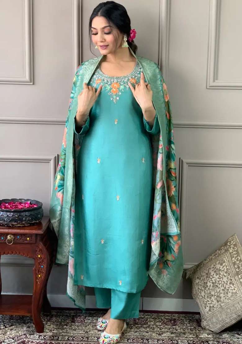 Sky Blue Embroidered Silk Blend Straight Kurta Set - Indya