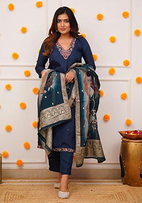 Rama Blue Embroidered Cotton Kurta Set