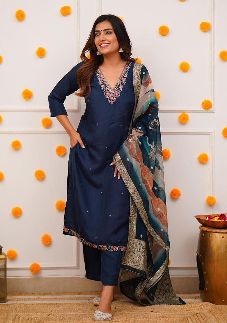 Rama Blue Embroidered Cotton Kurta Set
