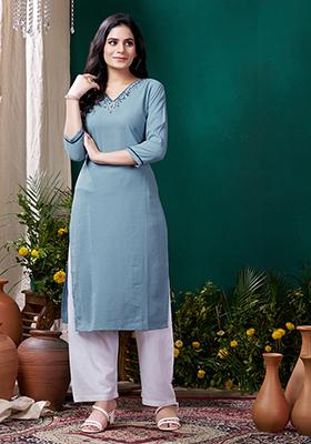 Grey Embroidered Cotton Kurta Set
