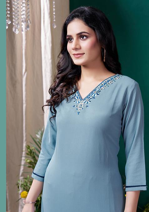 Grey embroidered Cotton Solid Gathered and flared Kurta