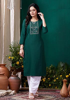 Green Embroidered Cotton Kurta Set