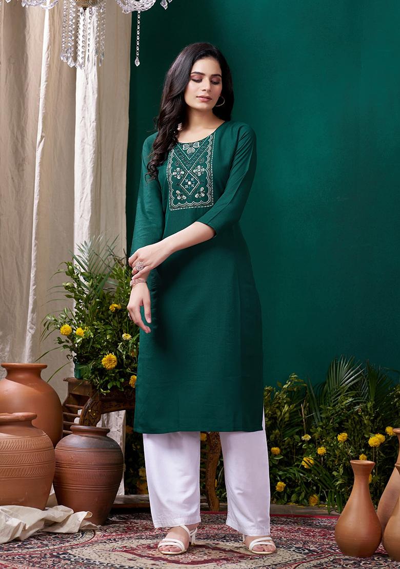 Green Embroidered Cotton Kurta Set