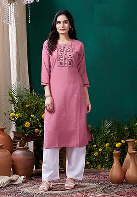 Peach Embroidered Cotton Kurta Set