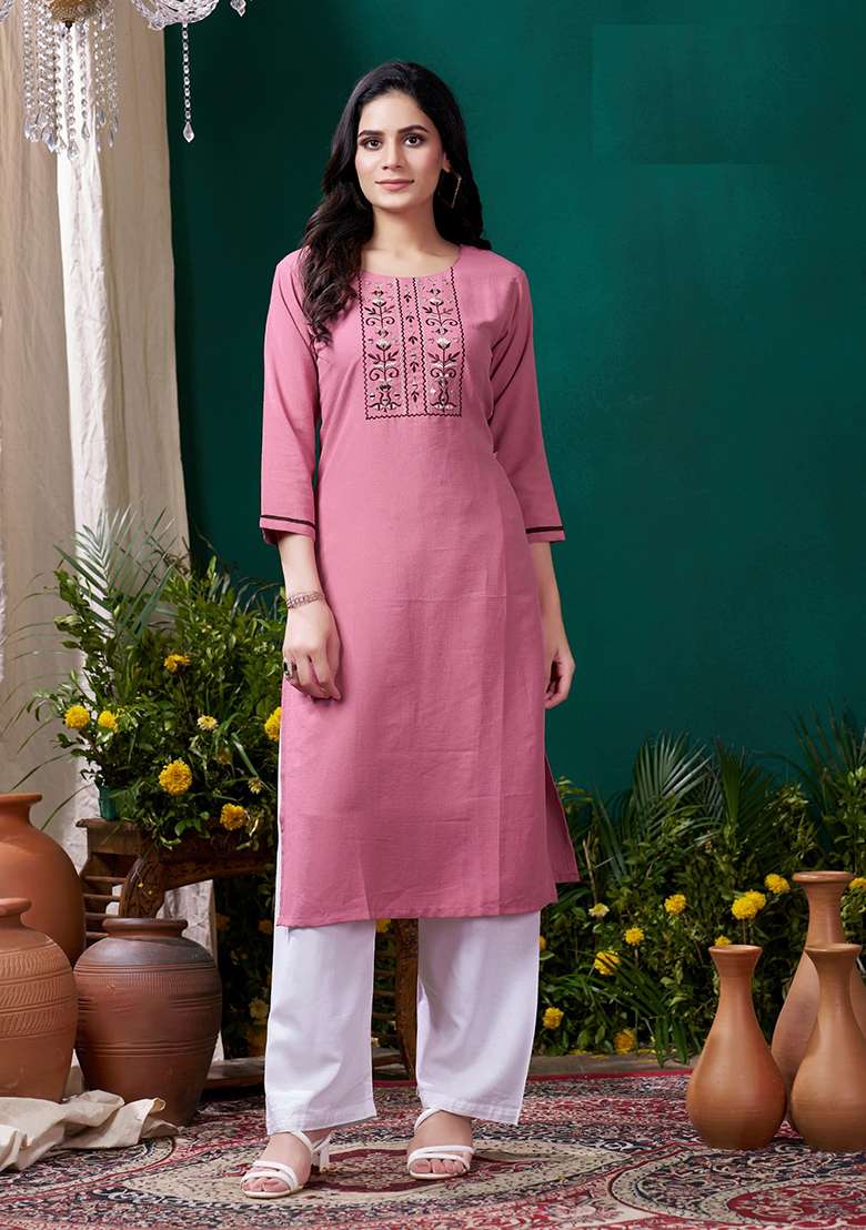 Peach Embroidered Cotton Straight Kurta Set - Indya