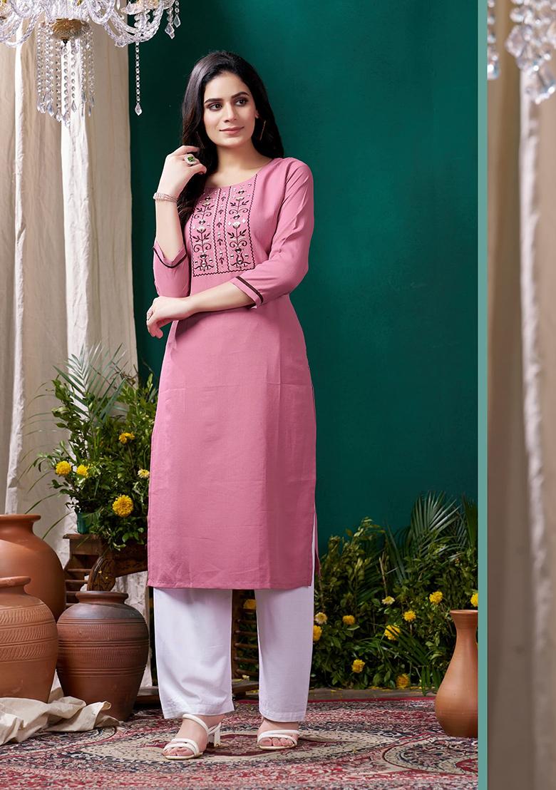 Peach Embroidered Cotton Kurta Set