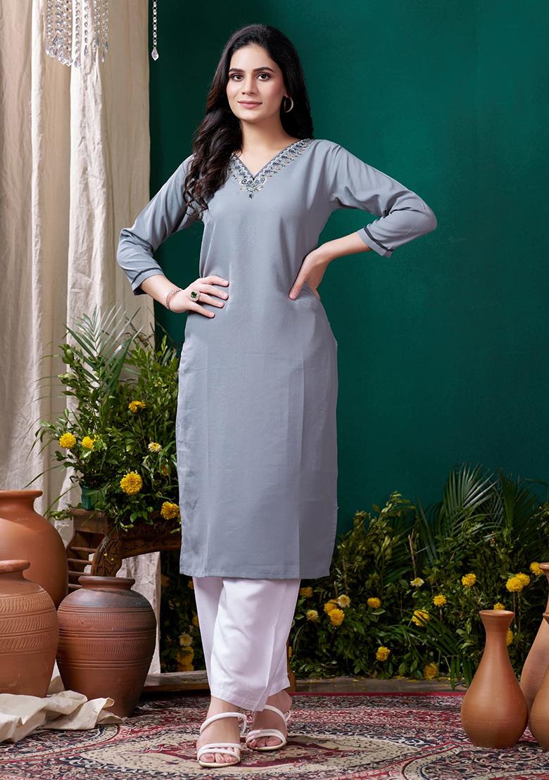 Grey Embroidered Cotton Kurta Set