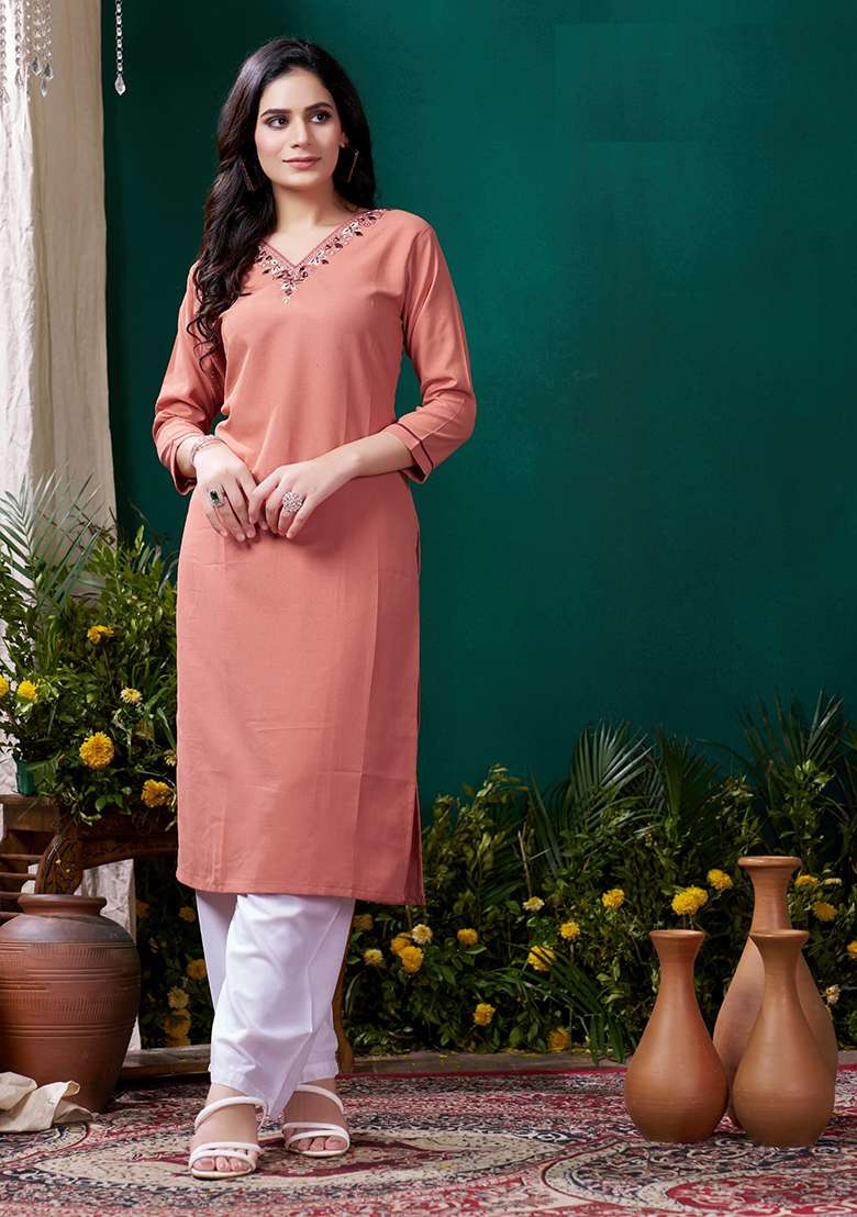 Pink Solid Cotton Straight Kurta Set - Indya