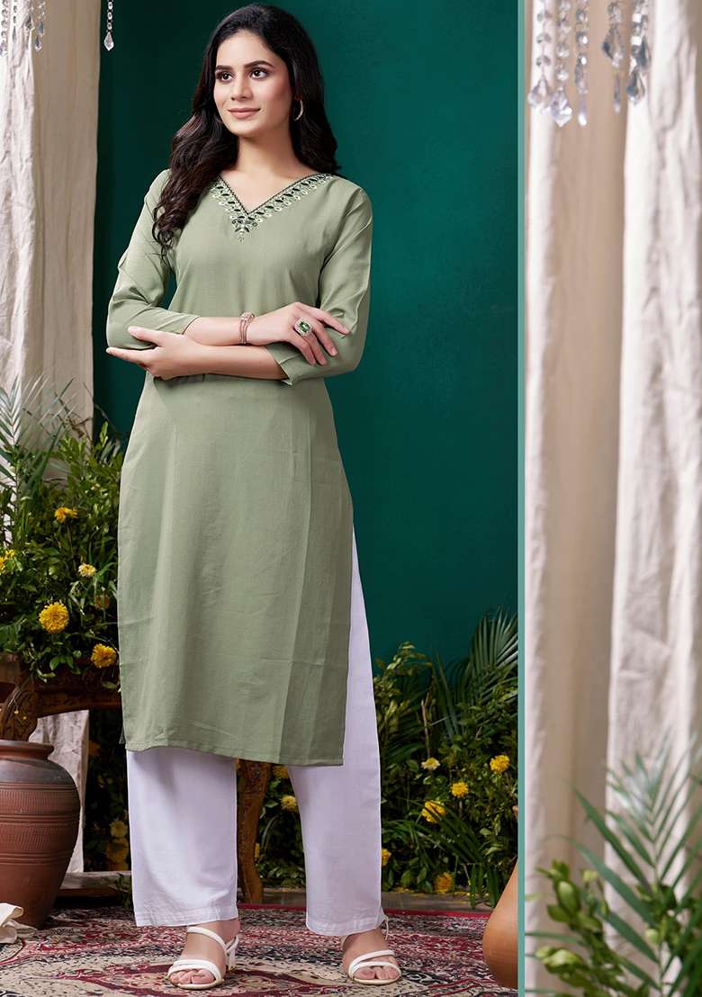 Mehendi Embroidered Cotton Straight Kurta Set - Indya