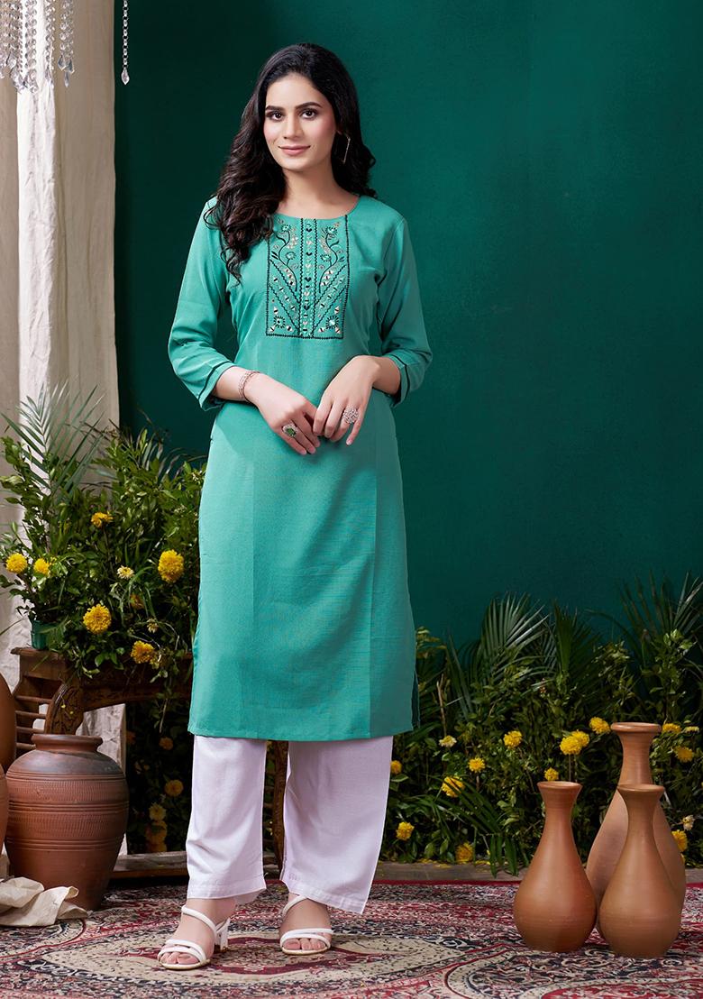 Light Green Embroidered Cotton Kurta Set
