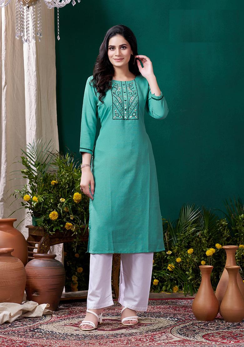 Light Green Embroidered Cotton Kurta Set