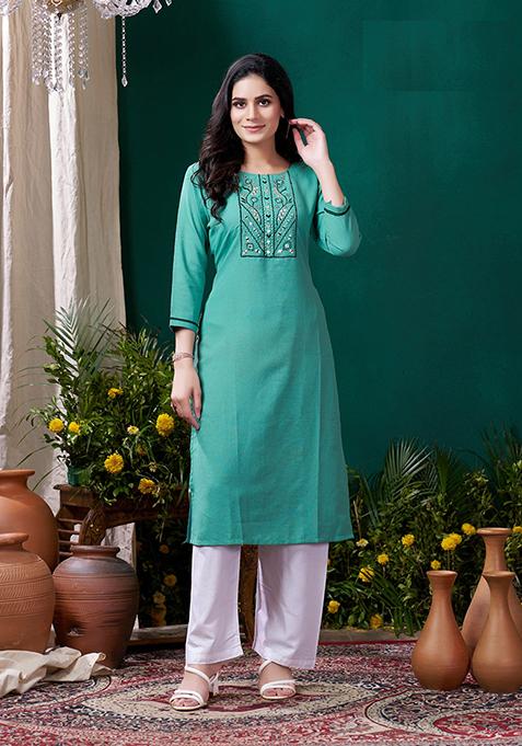 Light Green Embroidered Cotton Kurta Set