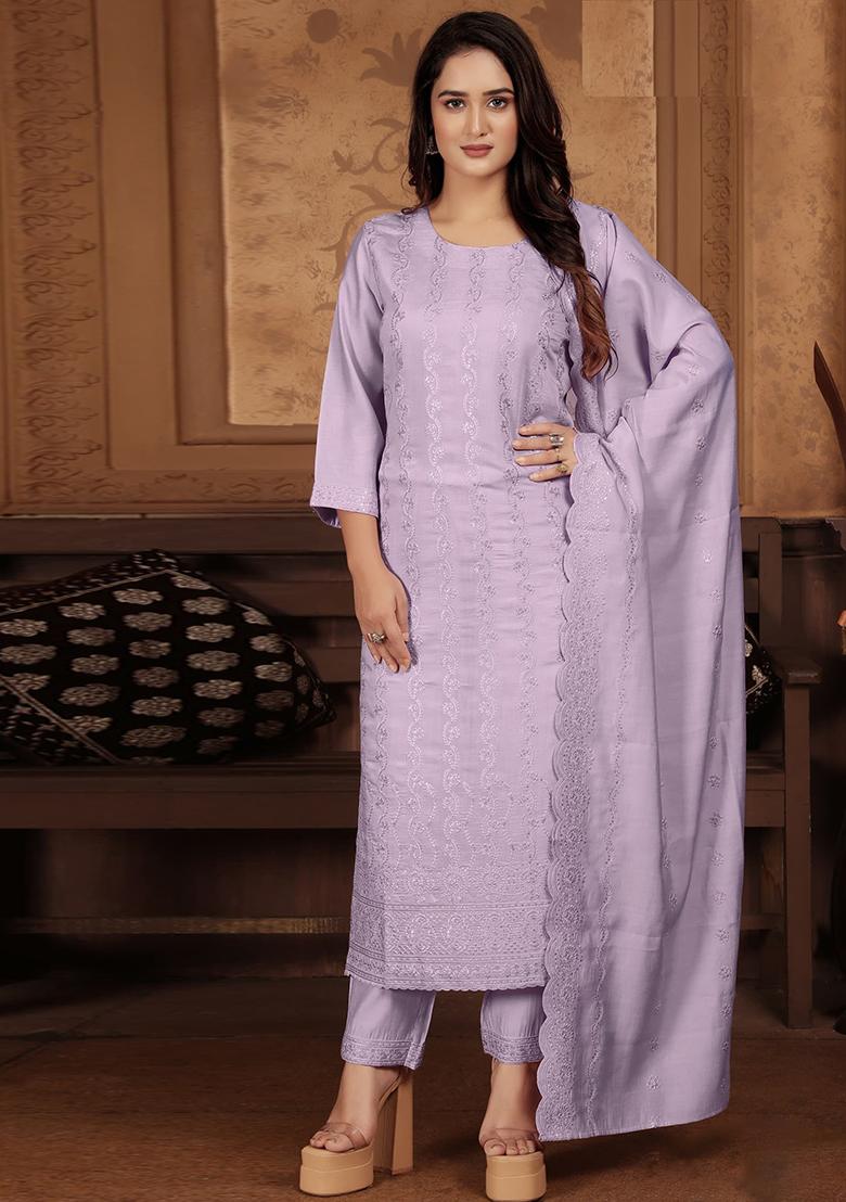 Lavender Embroidered Chanderi Kurta Set