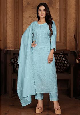 Sky Blue Embroidered Chanderi Kurta Set
