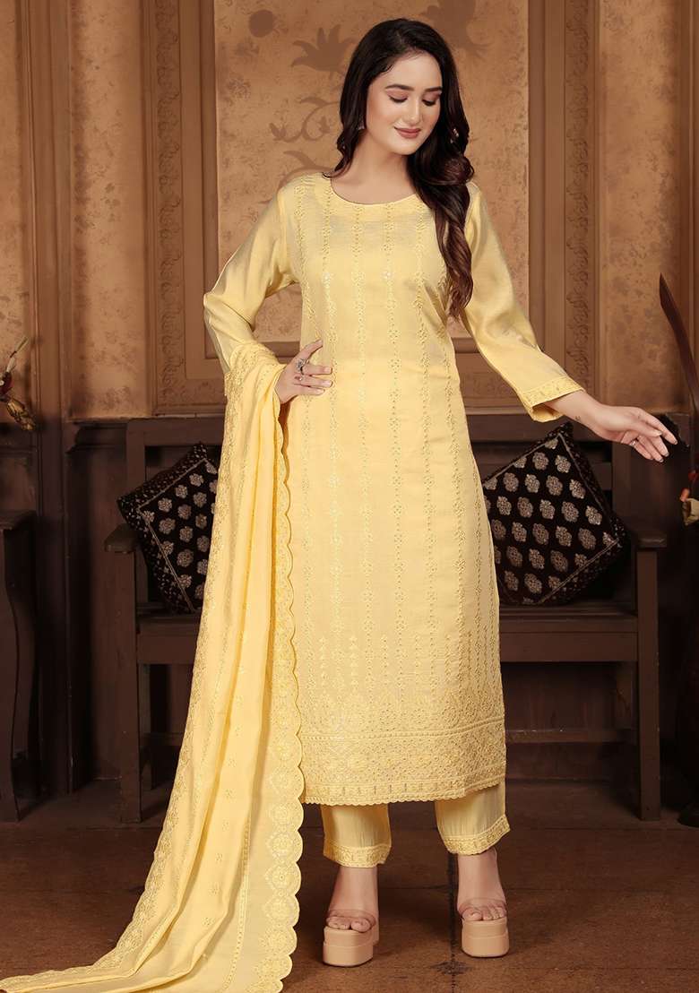 Yellow Chikankari Chanderi Straight Kurta Set - Indya