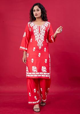 Red Embroidered Rayon Kurta Set