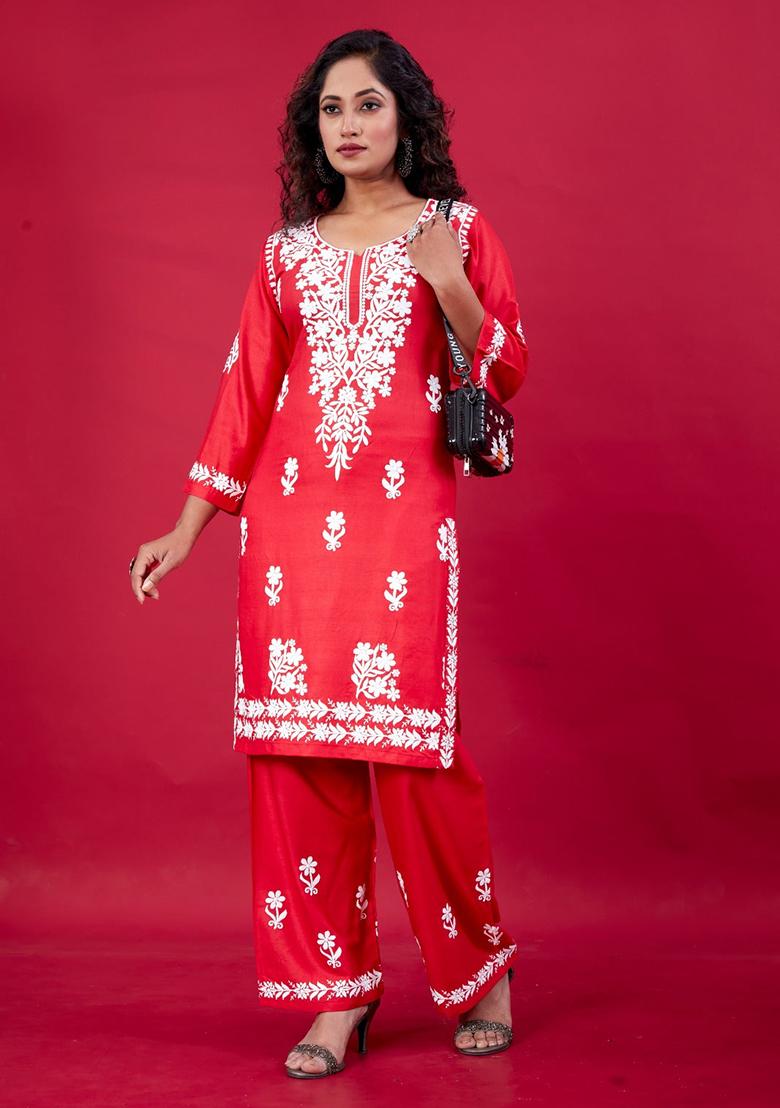 Red Embroidered Rayon Kurta Set