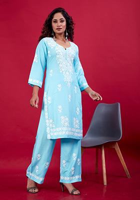 Sky Blue Embroidered Rayon Kurta Set