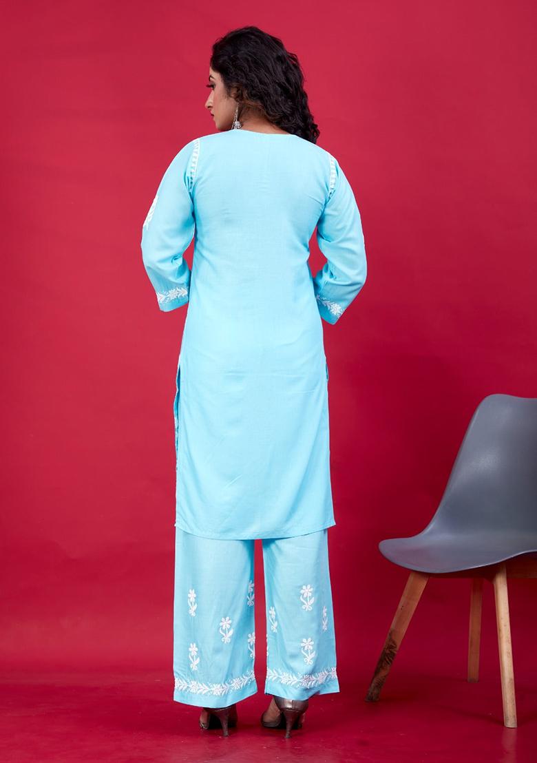 Sky Blue Embroidered Rayon Kurta Set