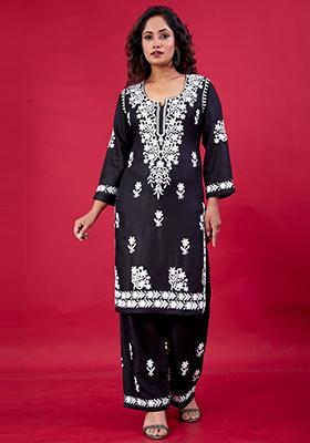 Black Embroidered Rayon Kurta Set