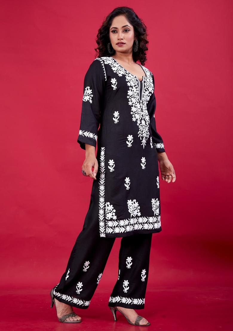 Black Embroidered Rayon Kurta Set