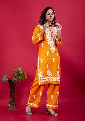 Mustard Embroidered Rayon Kurta Set