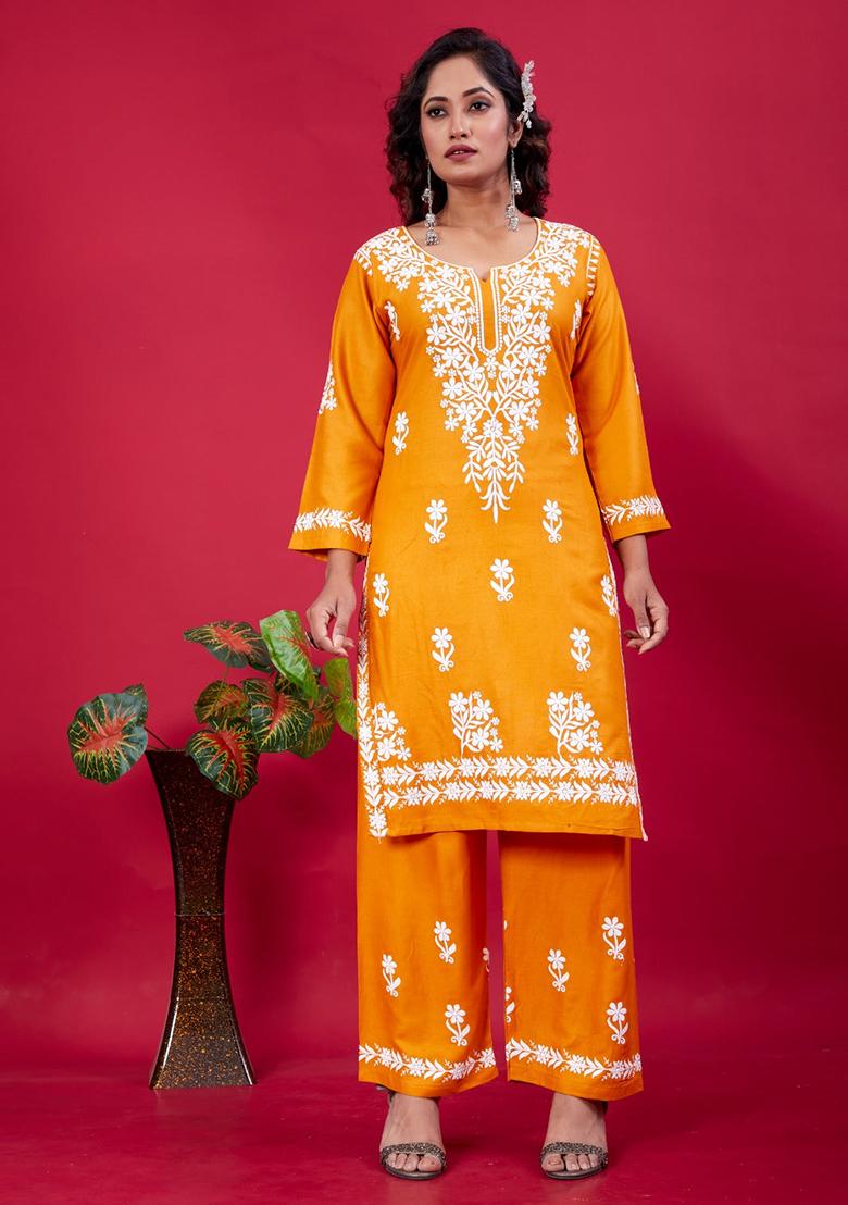 Mustard Embroidered Rayon Kurta Set