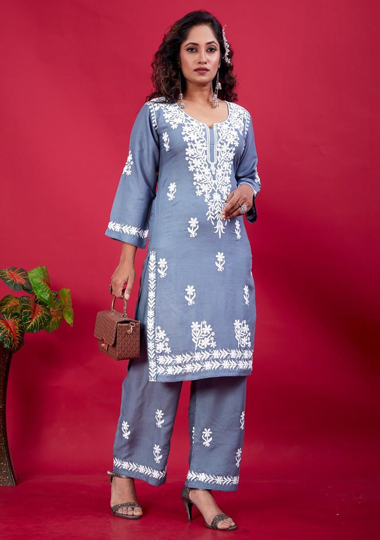 Grey Embroidered Rayon Kurta Set