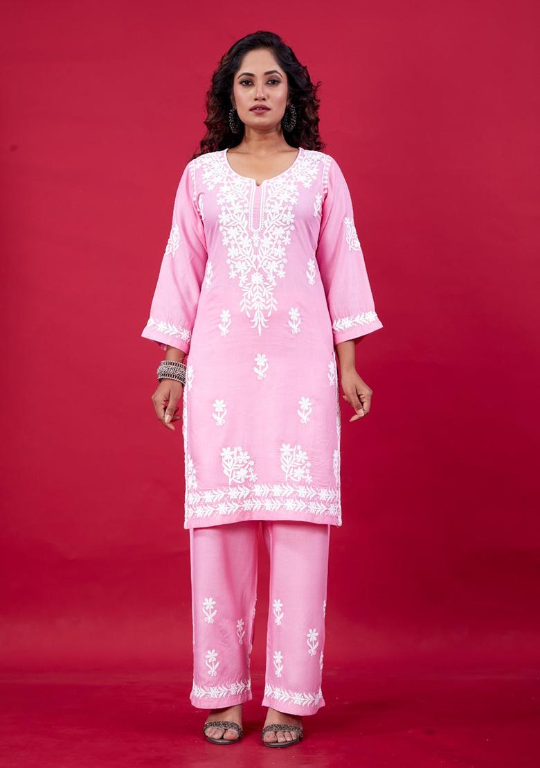 Pink Embroidered Rayon Kurta Set