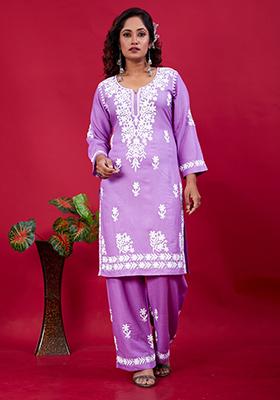 Lavender Embroidered Rayon Kurta Set