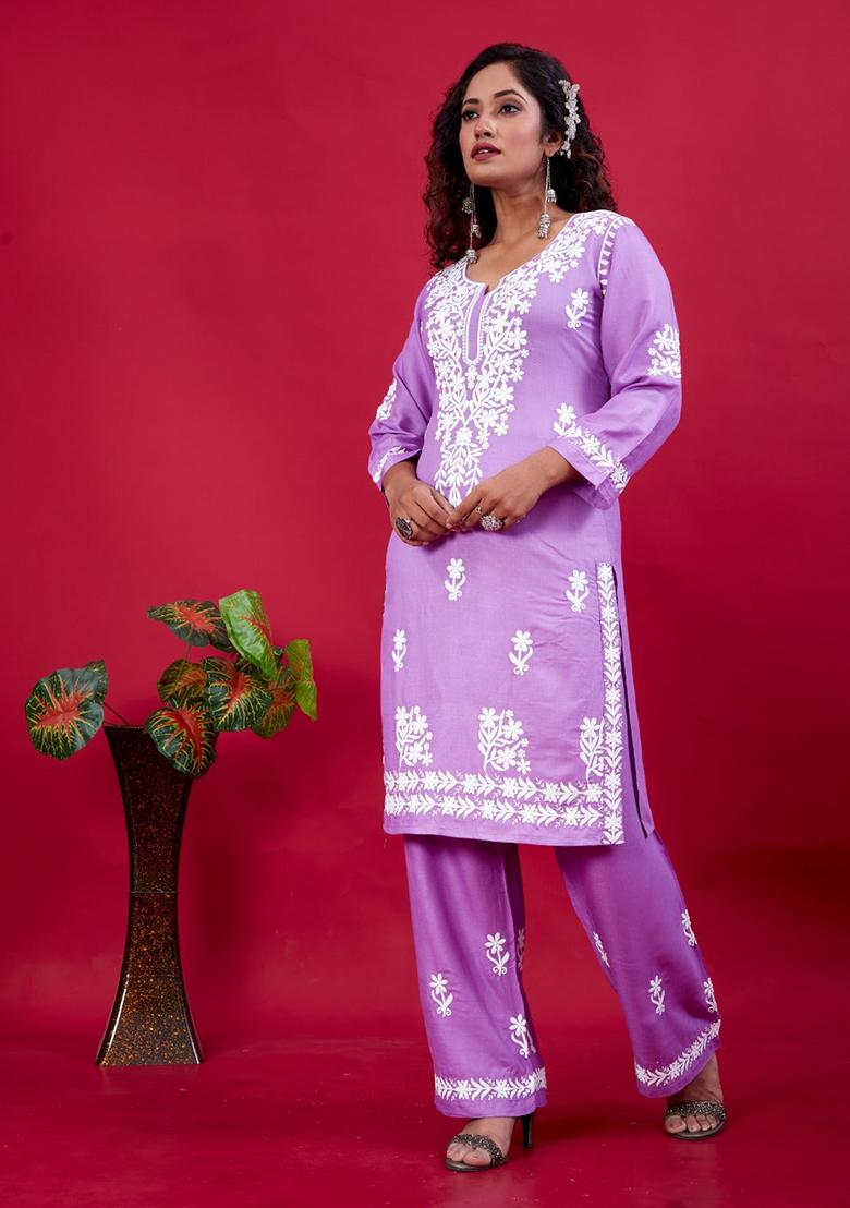 Lavender Embroidered Rayon Kurta Set