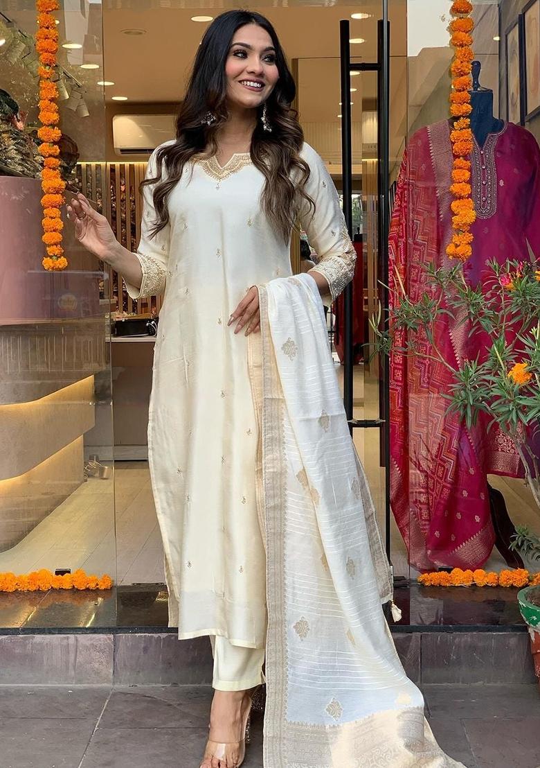 White Embroidered Chanderi Kurta Set