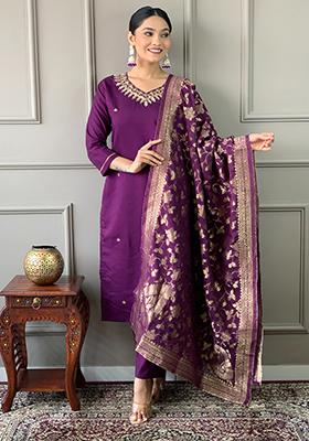 Purple Embroidered Chanderi Kurta Set