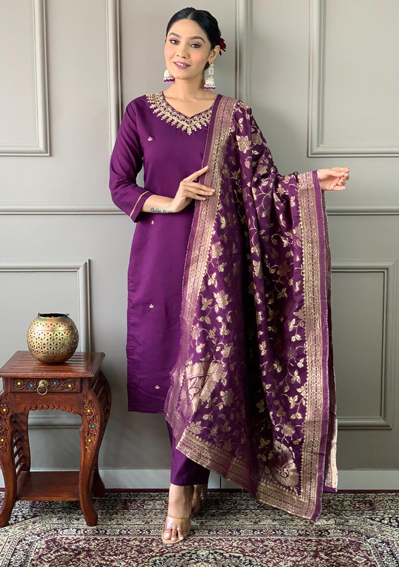 Purple Embroidered Chanderi Kurta Set