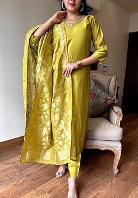 Lemon Green Embroidered Chanderi Kurta Set