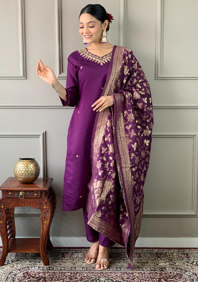 Purple Embroidered Chanderi Kurta Set